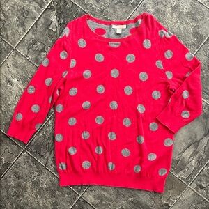BANANA REPUBLIC Women’s Vibrant Red & Gray Polkadot Sweater 3/4 Sleeve Preppy